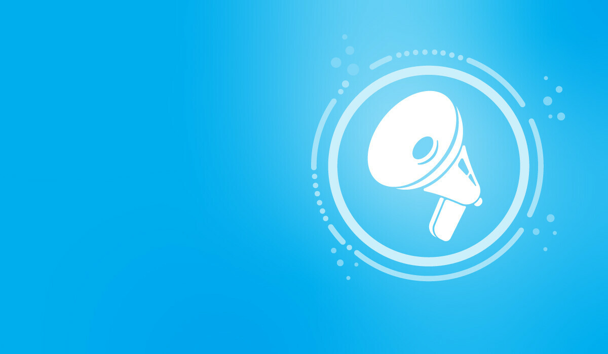 Blue gradient background with a white megaphone icon.