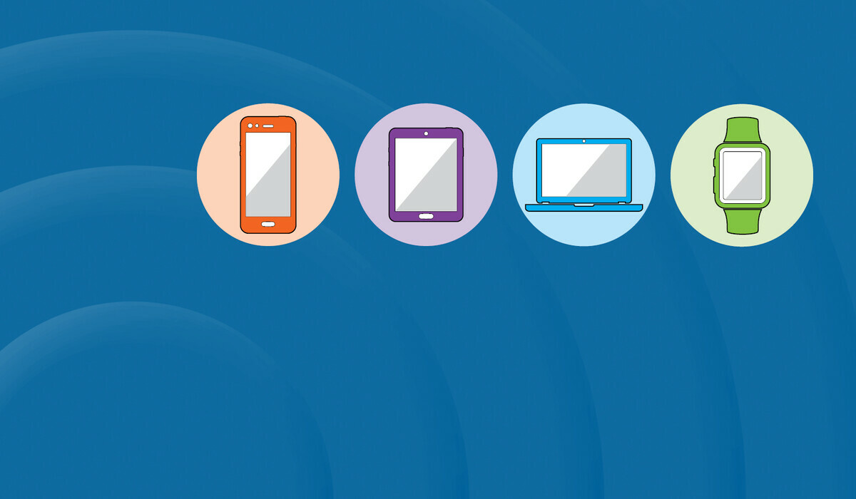 Icons of a cell phone, tablet, laptop and smart watch against a blue background.